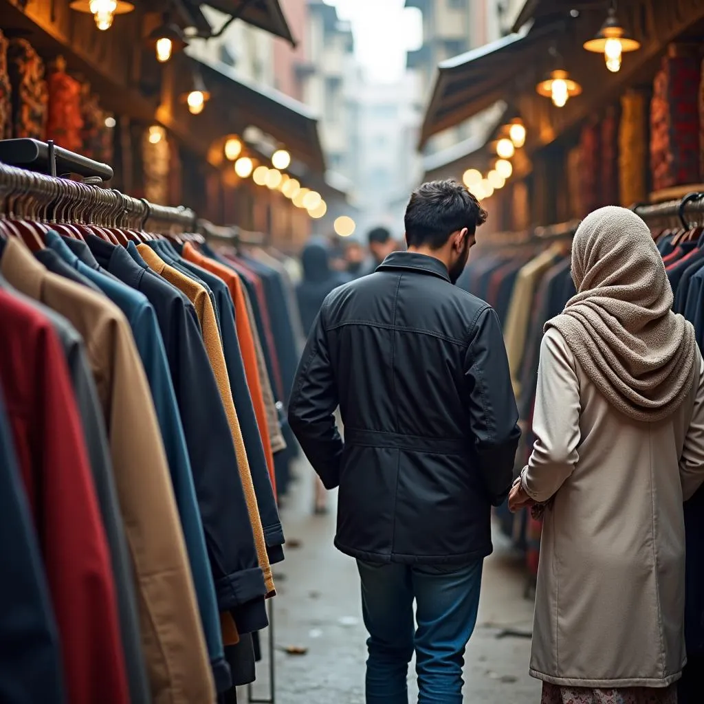 Men and women browsing different styles of casual coats in a Pakistani market.