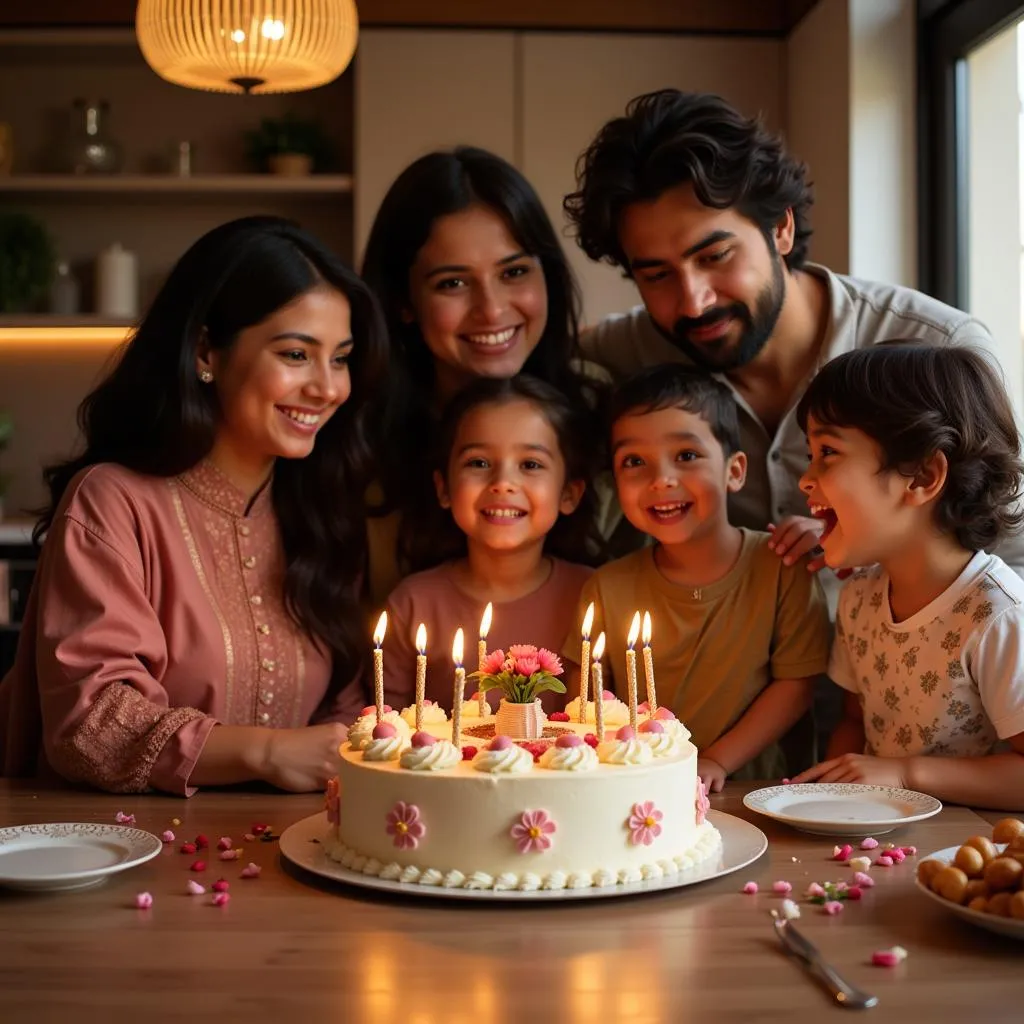 Family Celebrating with 4 Pound Cake in Pakistan