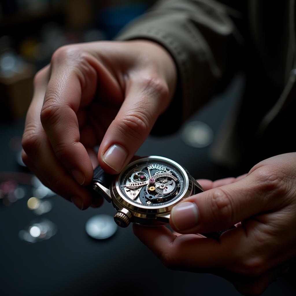 Close-up of a Watchmaker Assembling a Cerruti 1881 Watch