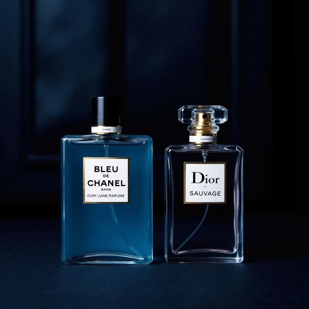 Chanel and Dior blue perfume bottles on display