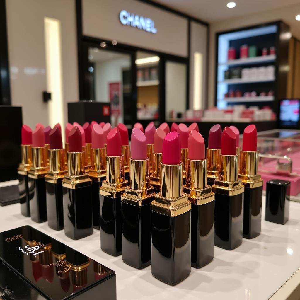 Chanel lipstick display at a cosmetics counter in Pakistan