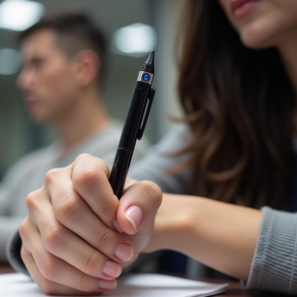 Student holding a cheating pen