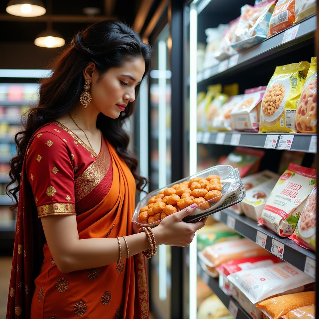 A customer carefully examining a package of frozen food in a Pakistani supermarket.