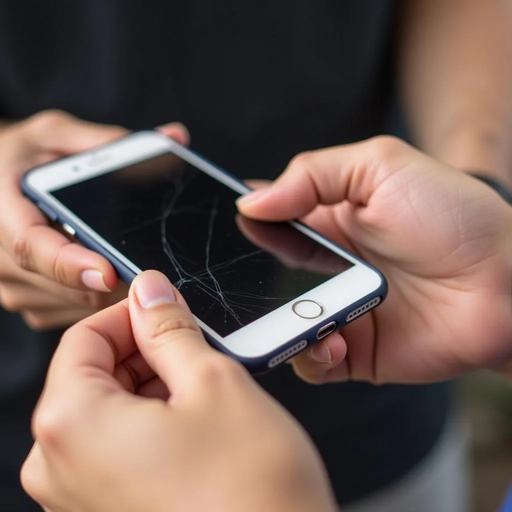 A person inspecting a used iPhone for any defects