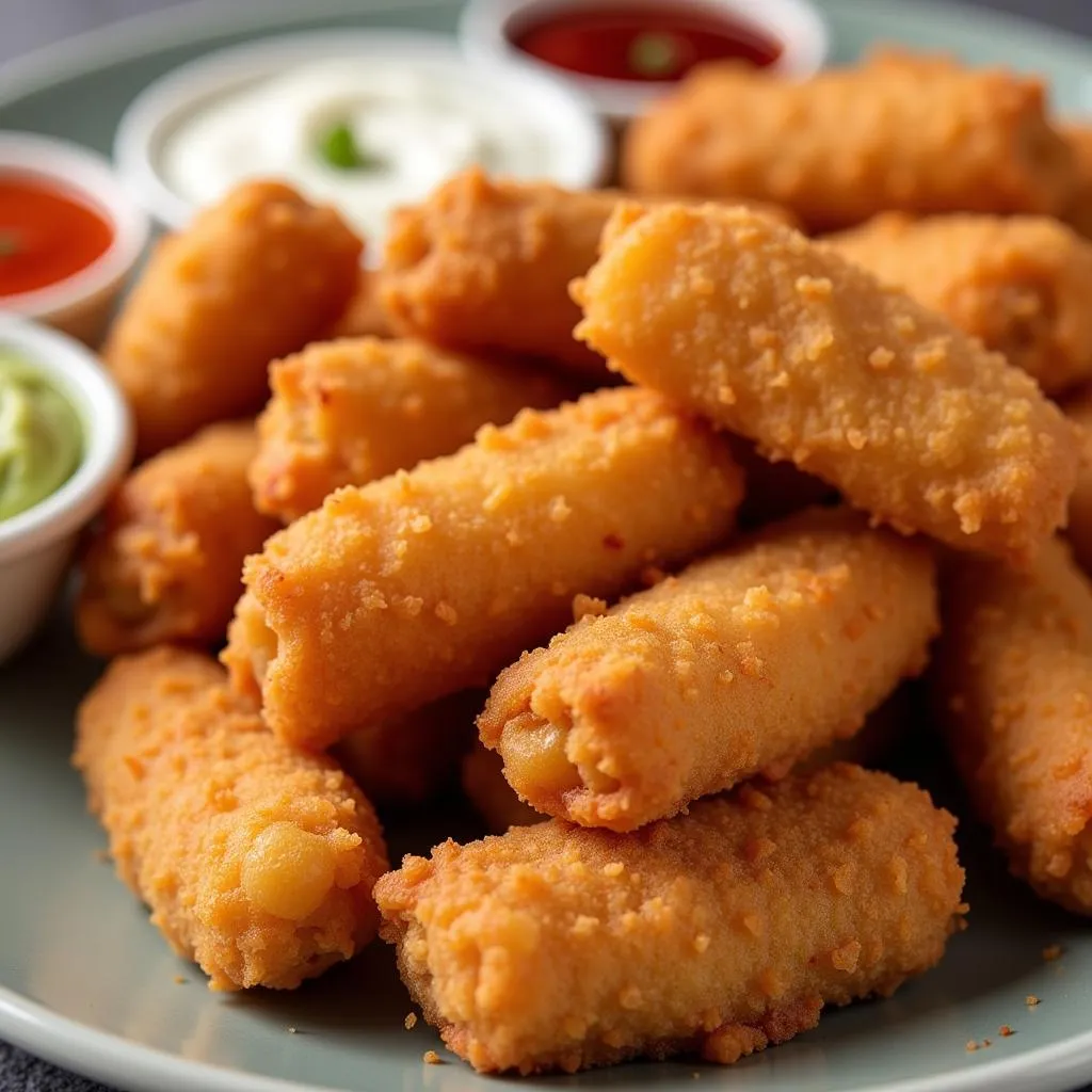 Plate of chicken nuggets with dipping sauces