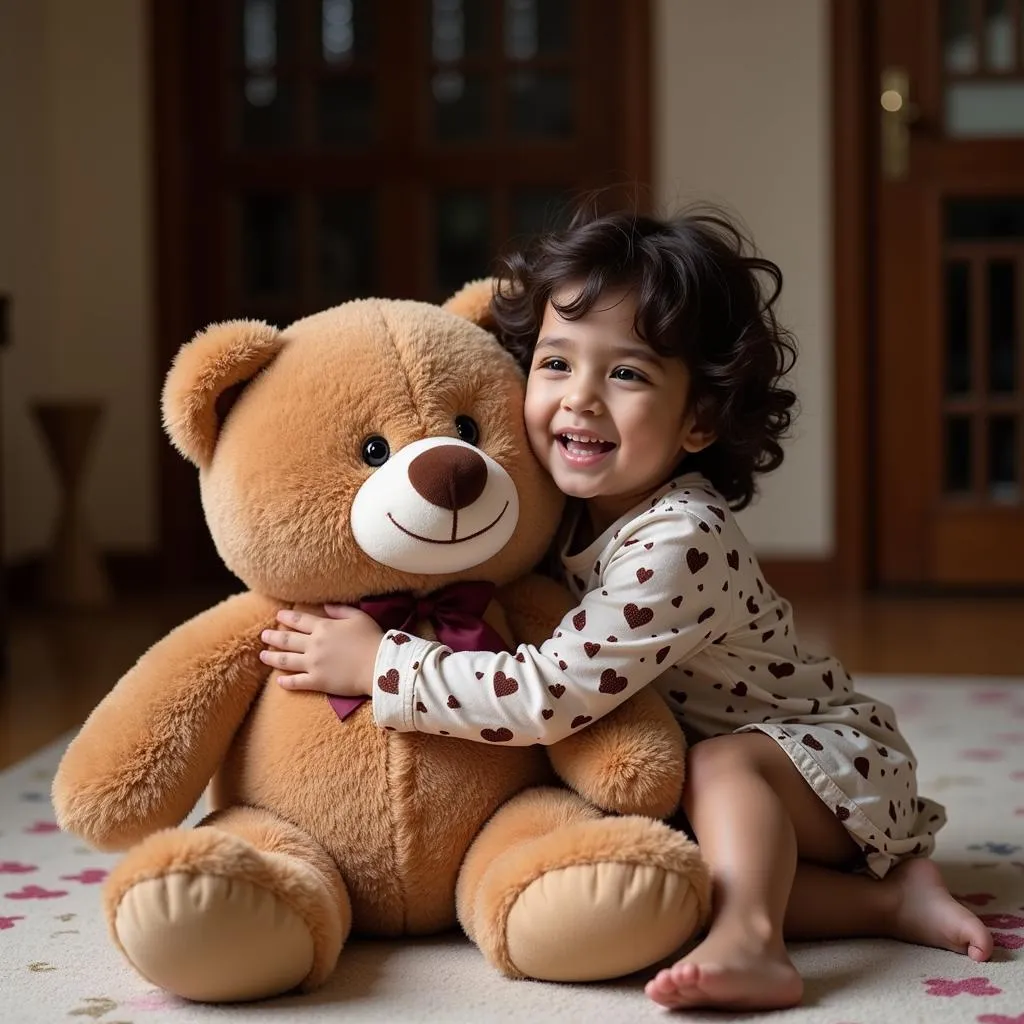 A young Pakistani child happily embracing a large teddy bear