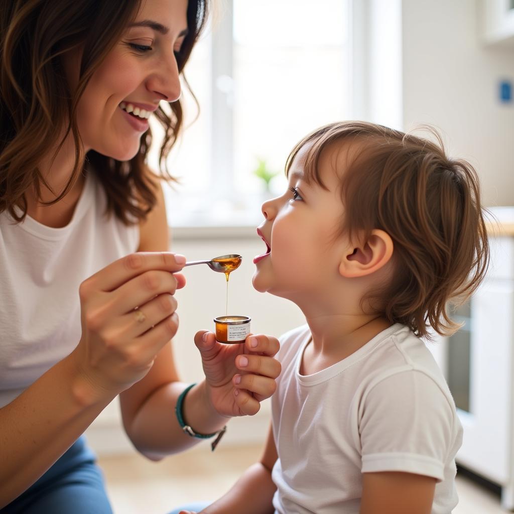 Child Taking Cough Syrup with Mother