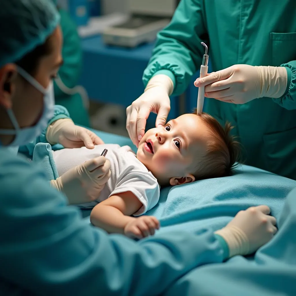 A young child undergoing a squint eye surgery procedure