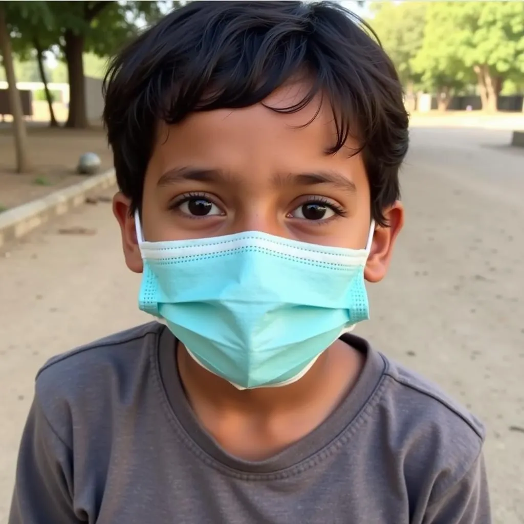 A child wearing a properly fitted N95 mask in Pakistan