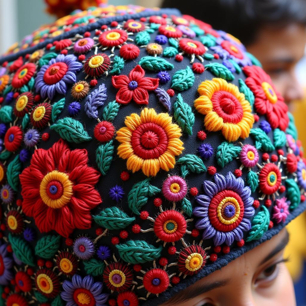 Close-up of Chitrali Cap Embroidery Details: The image showcases the intricate embroidery patterns on a Chitrali cap, highlighting the skilled craftsmanship and artistic detail that influence its price.