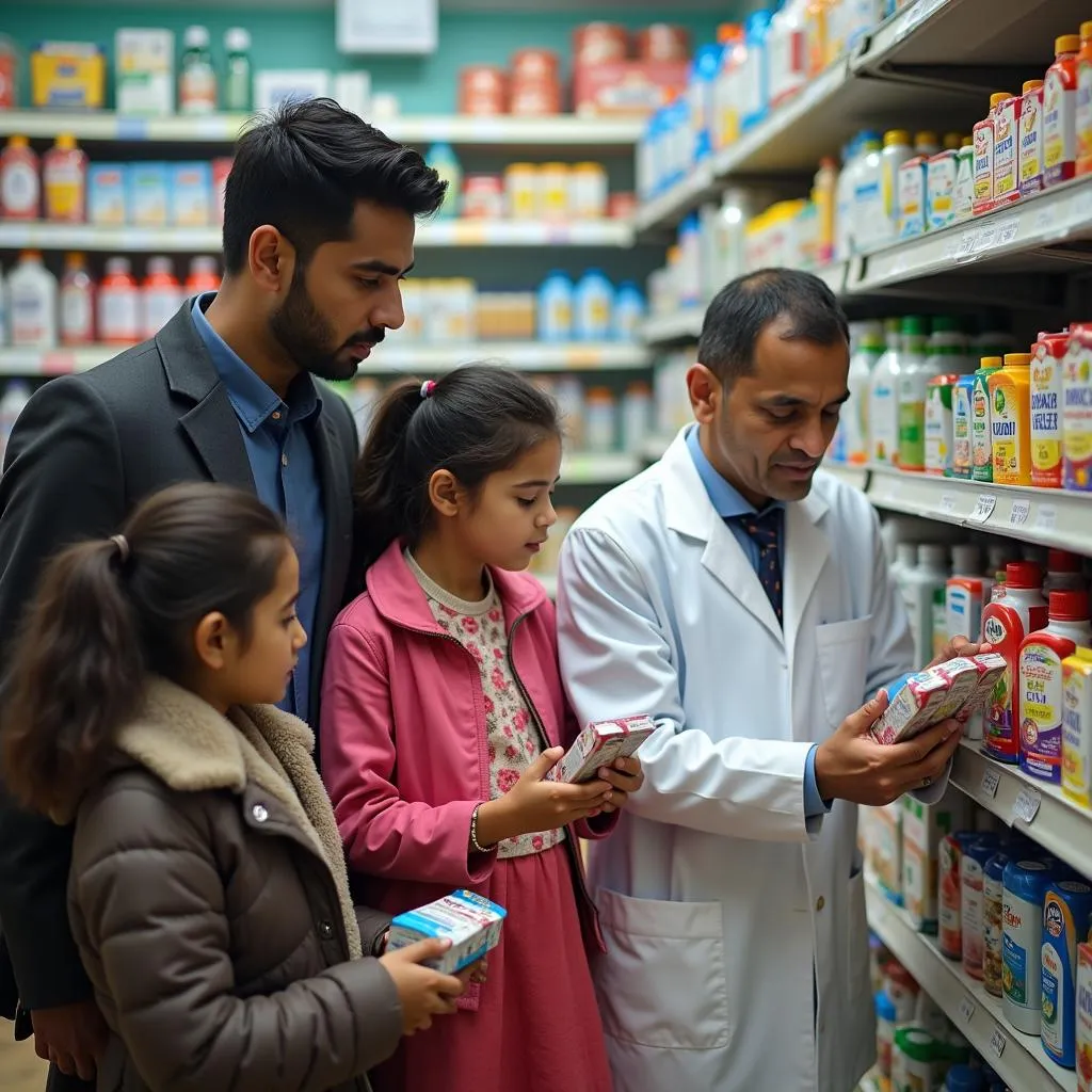 Parents choosing flu syrup in a Pakistani pharmacy