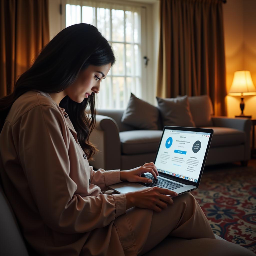 A woman in Pakistan researching sleep spray options online