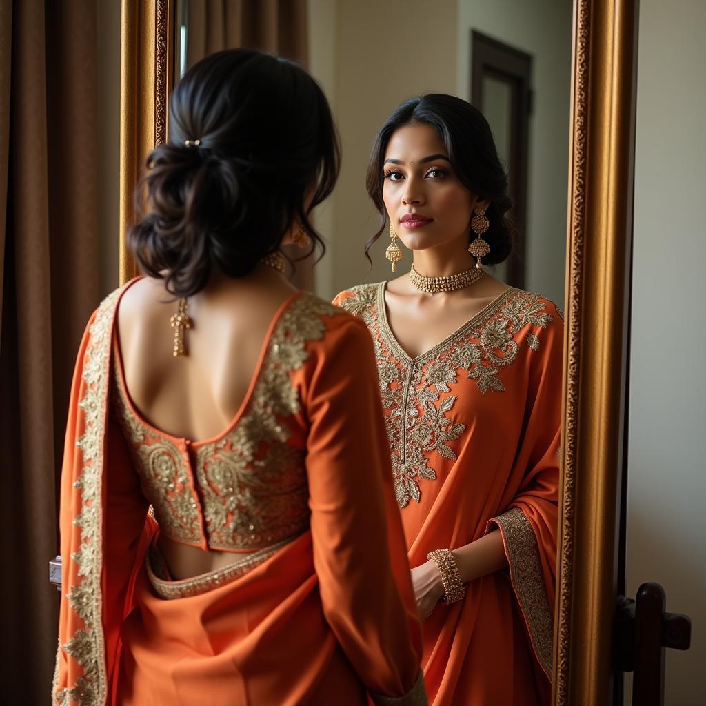 A Woman Trying on Different Sarees