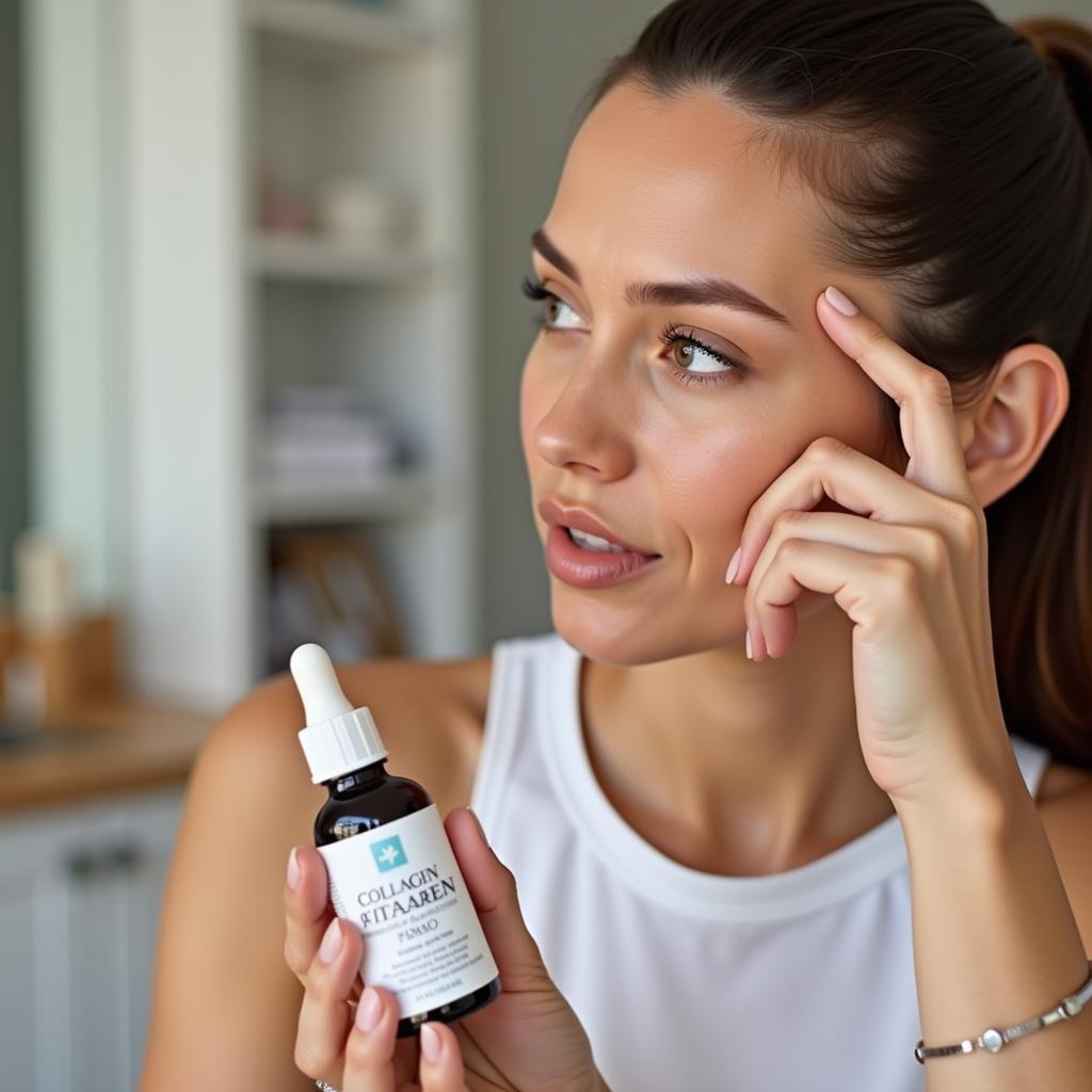 Woman Carefully Examining a Collagen Serum Bottle