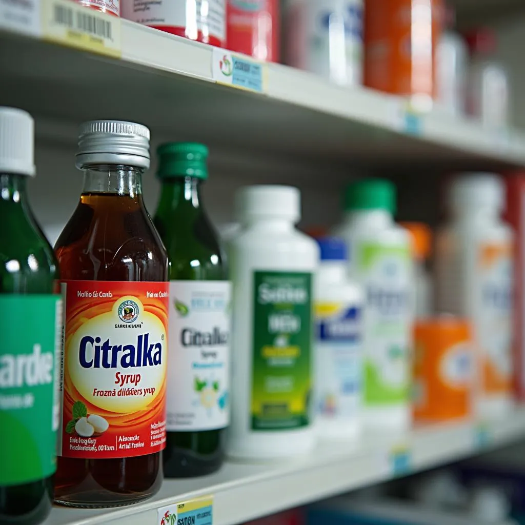 Citralka syrup bottle in a pharmacy