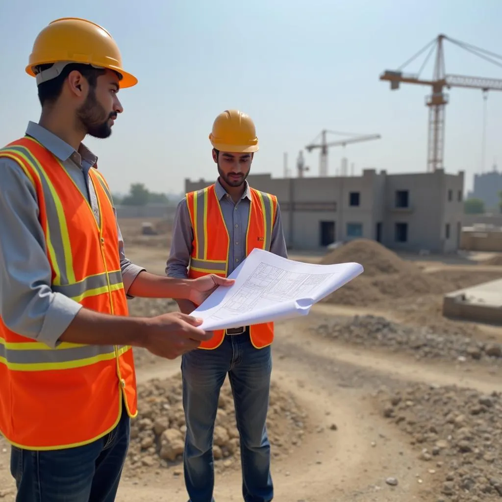 Civil Engineer Examining a Blueprint at a Construction Site