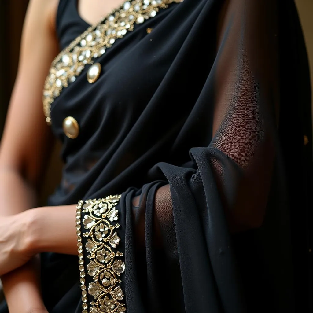 Close-up of intricate embroidery on a black saree pallu