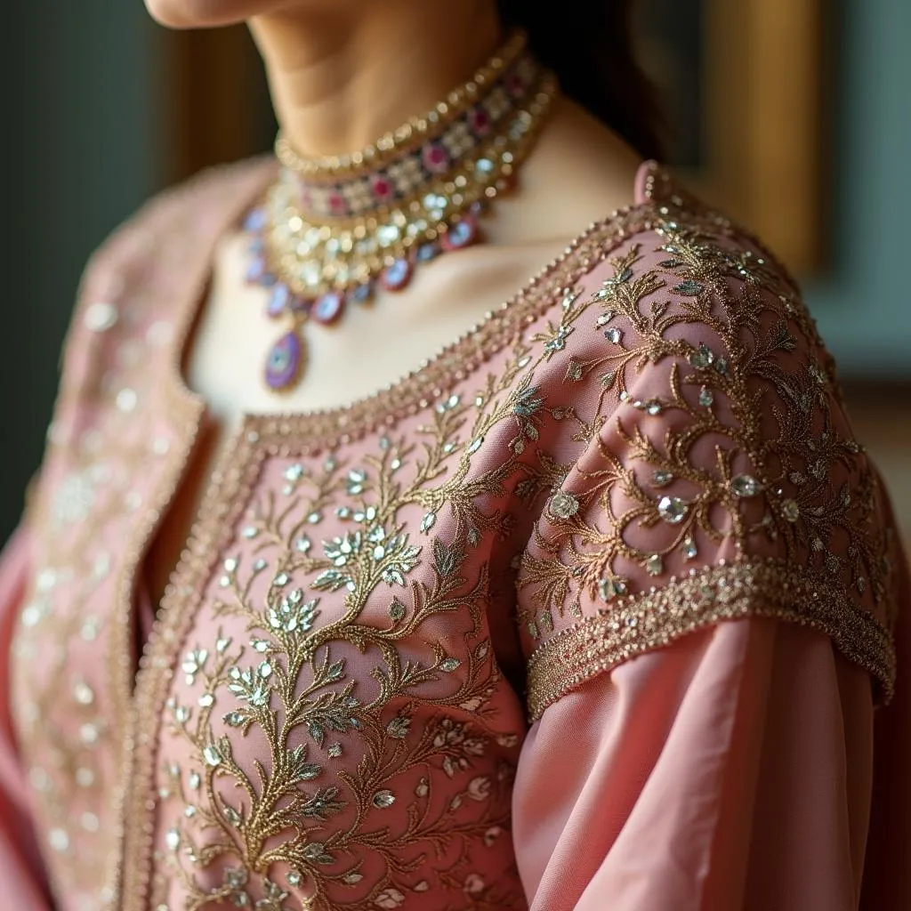 Intricate embroidery details on a beautiful Eid dress.