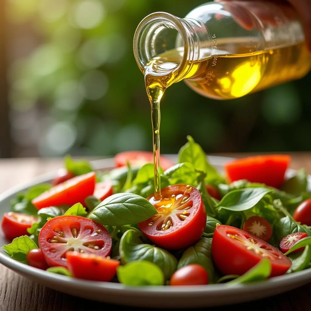 Close Up of Pouring Italian Olive Oil on Salad