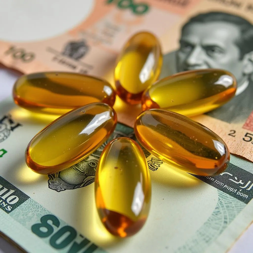 Cod liver oil capsules displayed on Pakistani rupees.