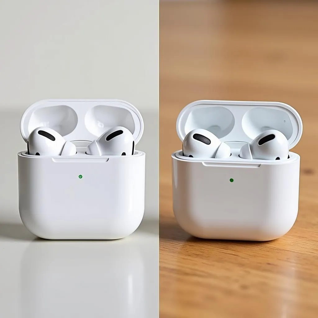 Side-by-side comparison of genuine AirPods Pro and a master copy