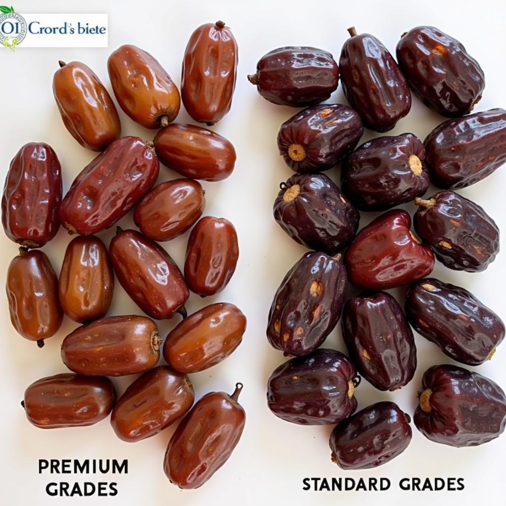 Different grades of Ajwa dates side-by-side, showcasing their size and quality differences.