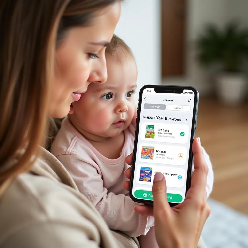 A mother comparing diaper prices on her phone while holding her baby.