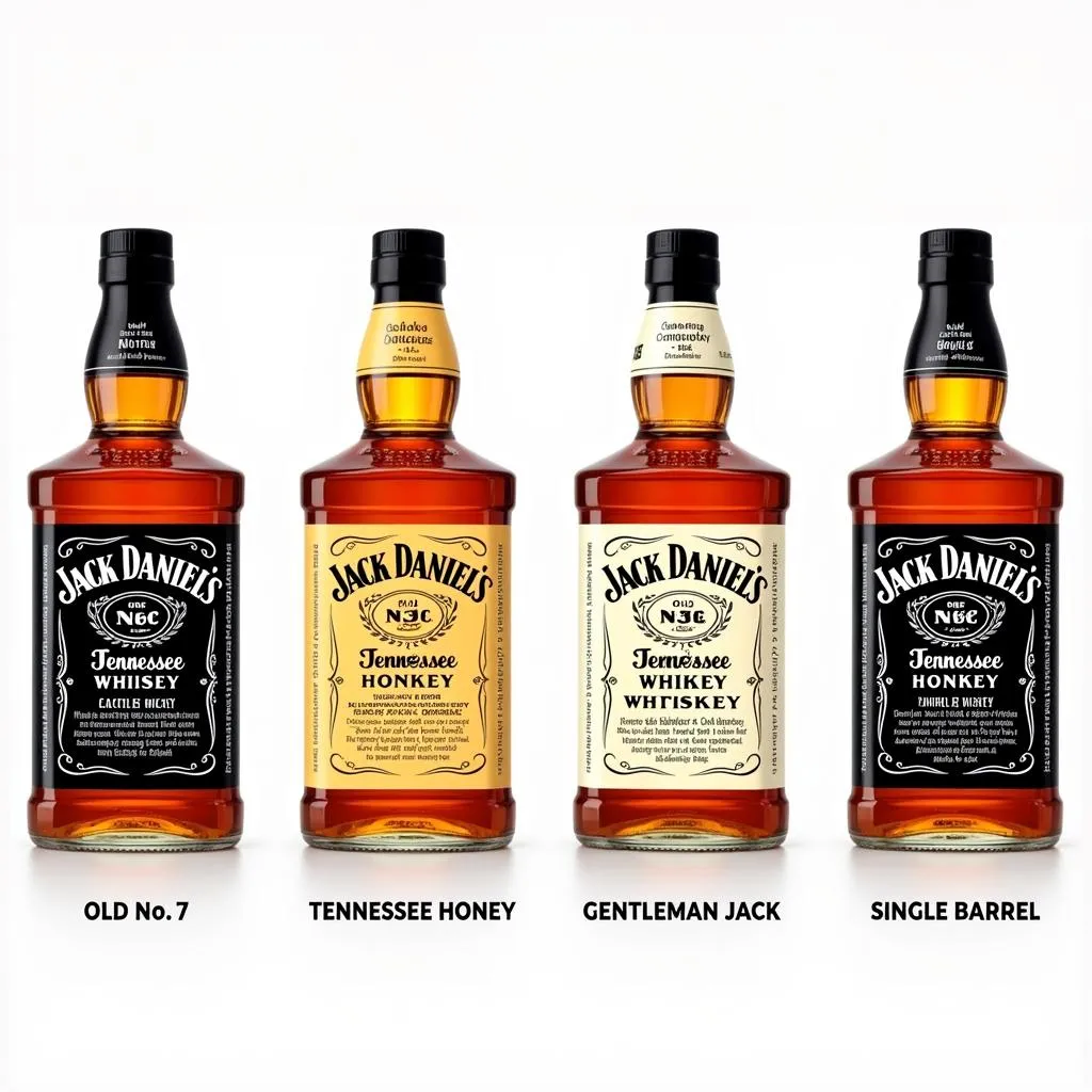 Different labels of Jack Daniels bottles