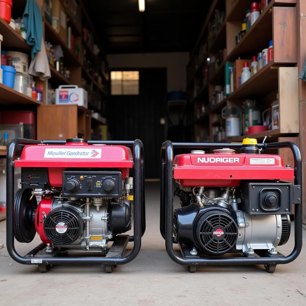 Two petrol generators being compared in a Pakistani shop