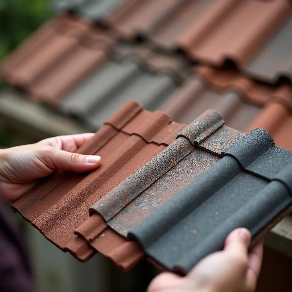 A homeowner inspecting different roof tile samples