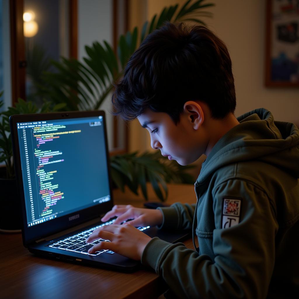 Pakistani Student Coding on Laptop