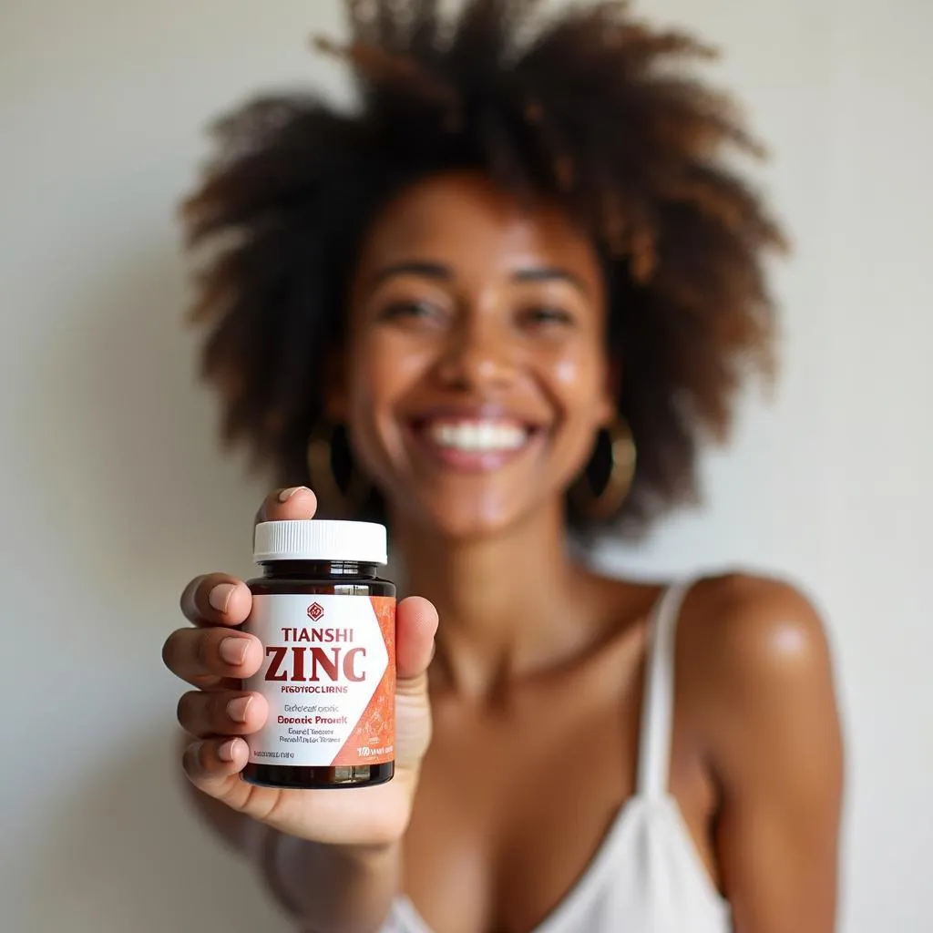 Woman Holding Tianshi Zinc Capsules with a Smile