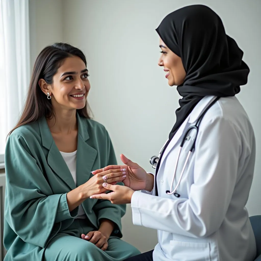 A Pakistani woman receiving a skin consultation from a dermatologist