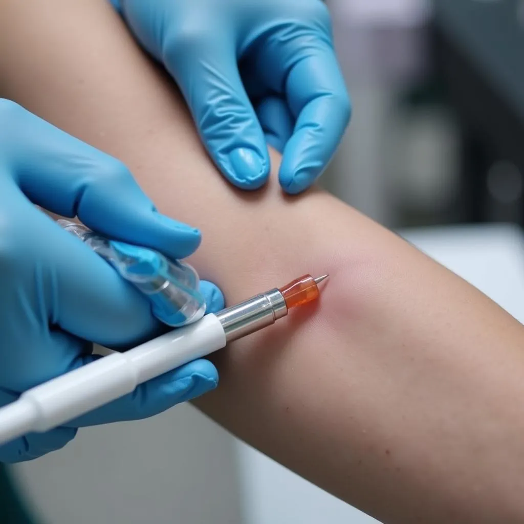 A healthcare professional inserting a contraceptive implant into a woman's arm.