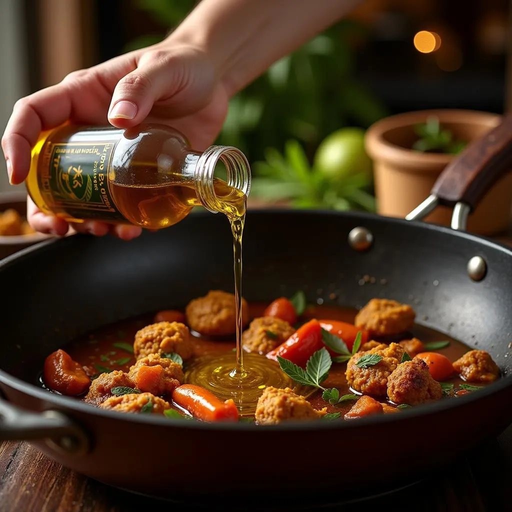 A person cooking a traditional Pakistani dish using olive oil.