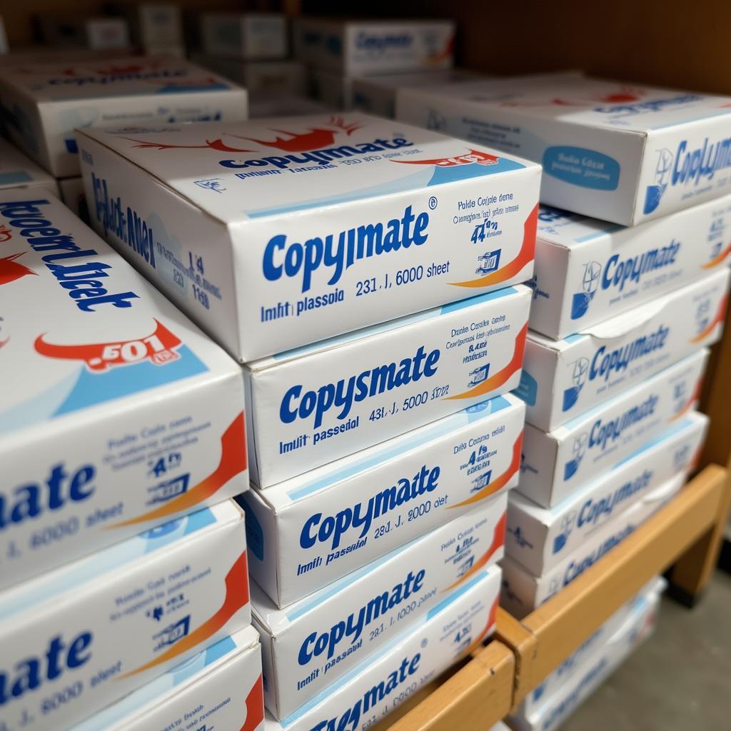 Copymate A4 paper reams stacked on a shelf in a Pakistani stationery store