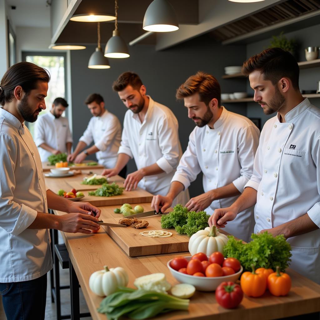 Culinary school students in Pakistan learning knife skills