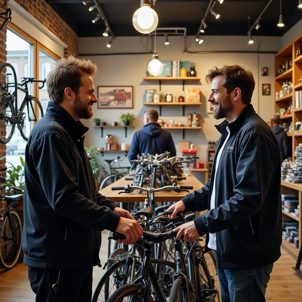 A customer bargaining for bicycle parts with a shopkeeper in Pakistan