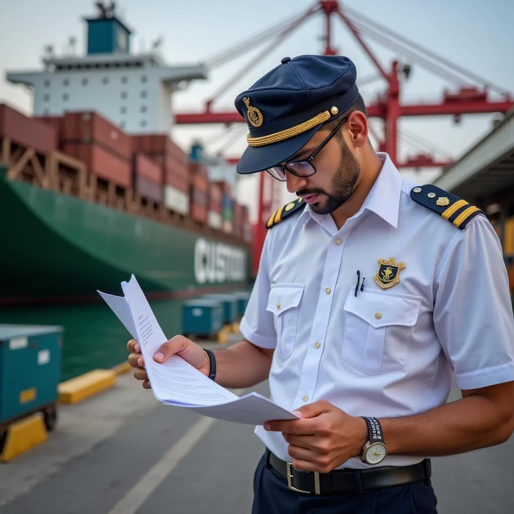 Customs officer inspecting cargo documents in Pakistan