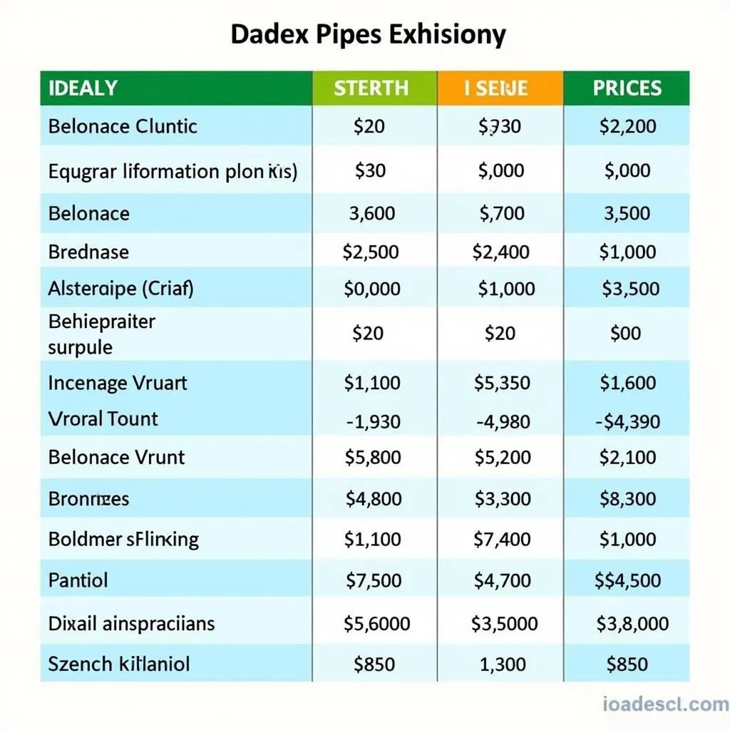 Dadex Pipe Price Comparison Chart