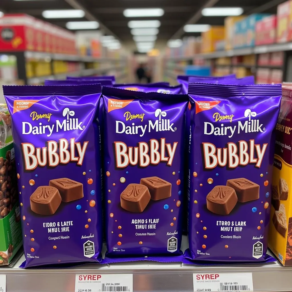 Dairy Milk Bubbly chocolate bars arranged on a supermarket shelf in Pakistan