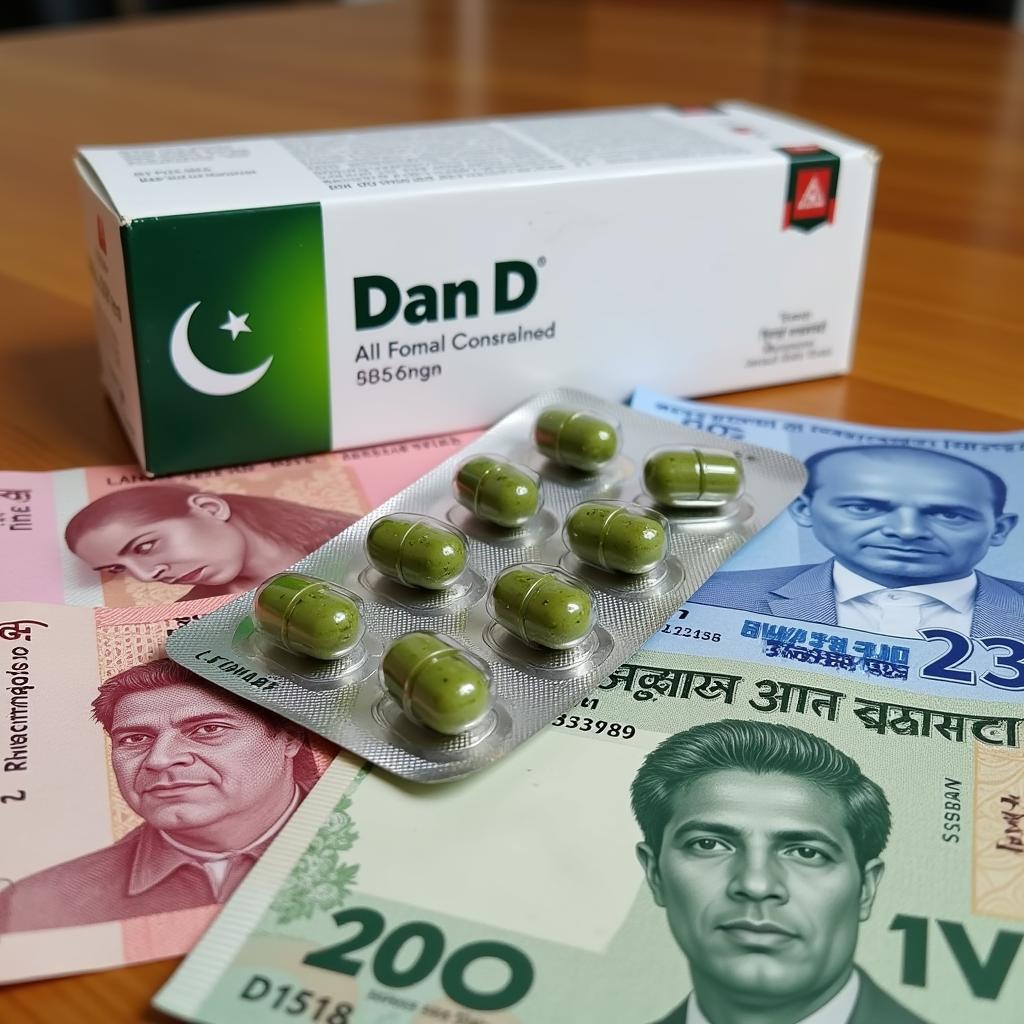 Dan D capsules with Pakistani rupees