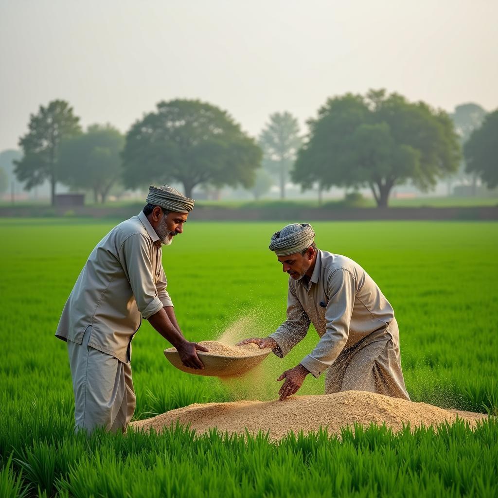 Farmers applying DAP khad in a Pakistani field