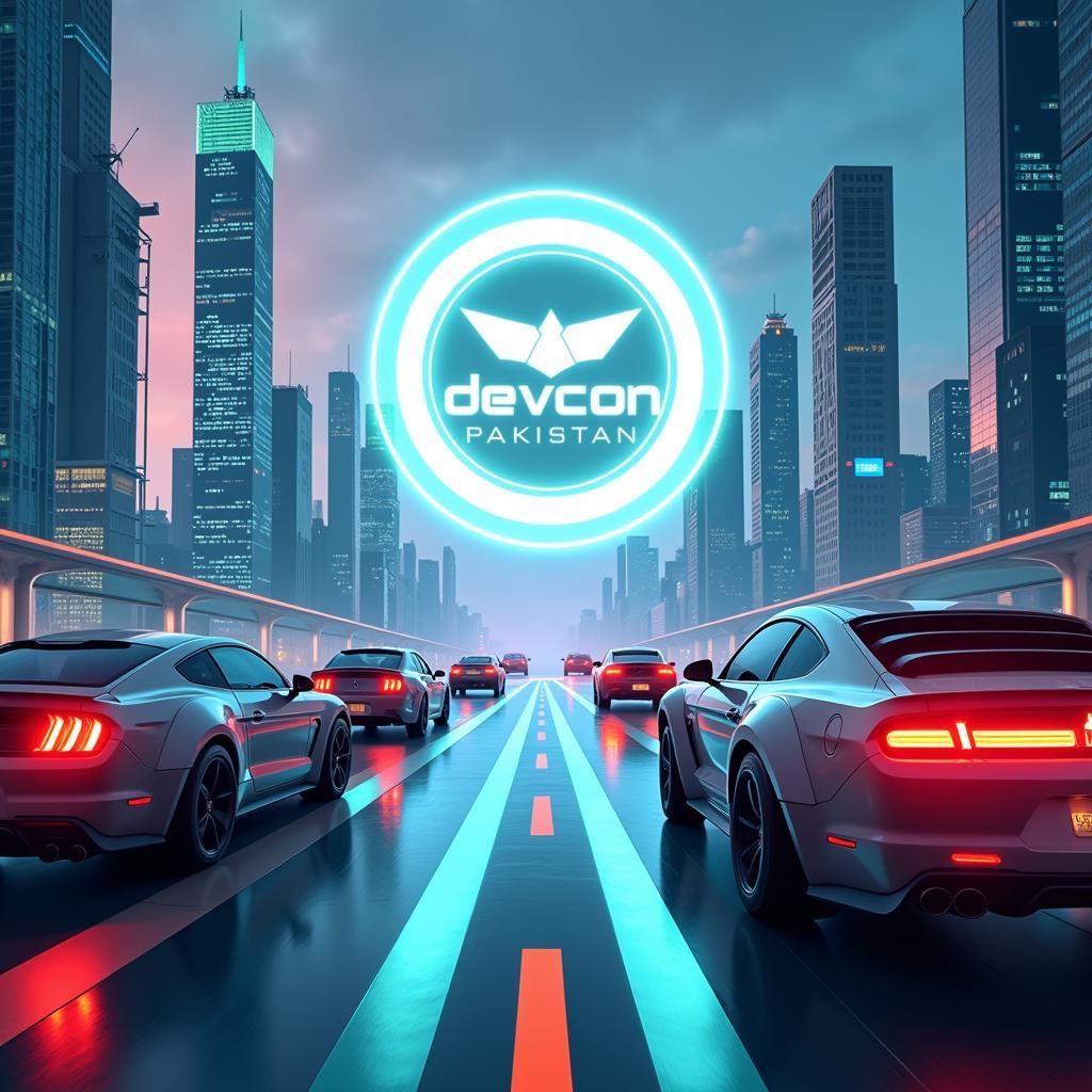 Devcon Pakistan logo against a futuristic cityscape