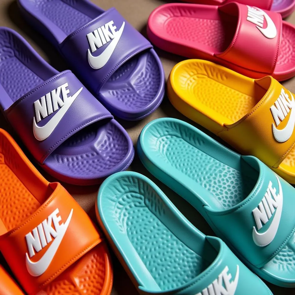 Assortment of colorful Nike slippers for sale