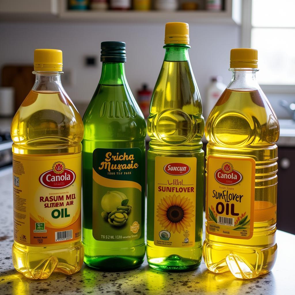 Various Cooking Oils on a Kitchen Counter