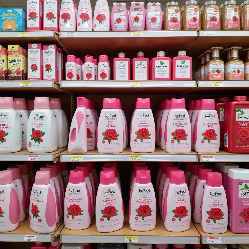 Different rose water spray brands displayed in a store