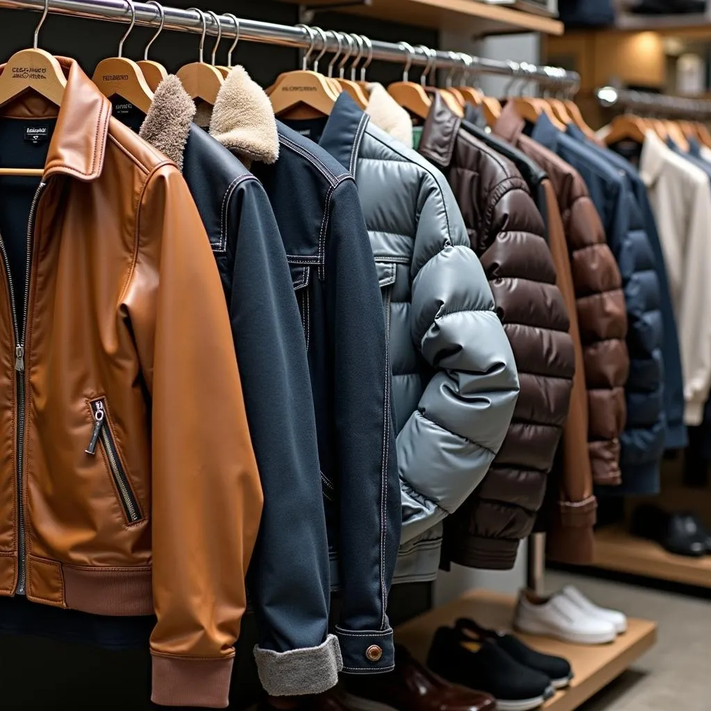 Various men's jackets showcased in a retail setting