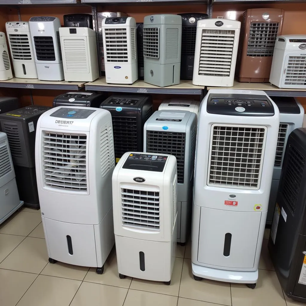 Different types of air coolers displayed in a Pakistani electronics store