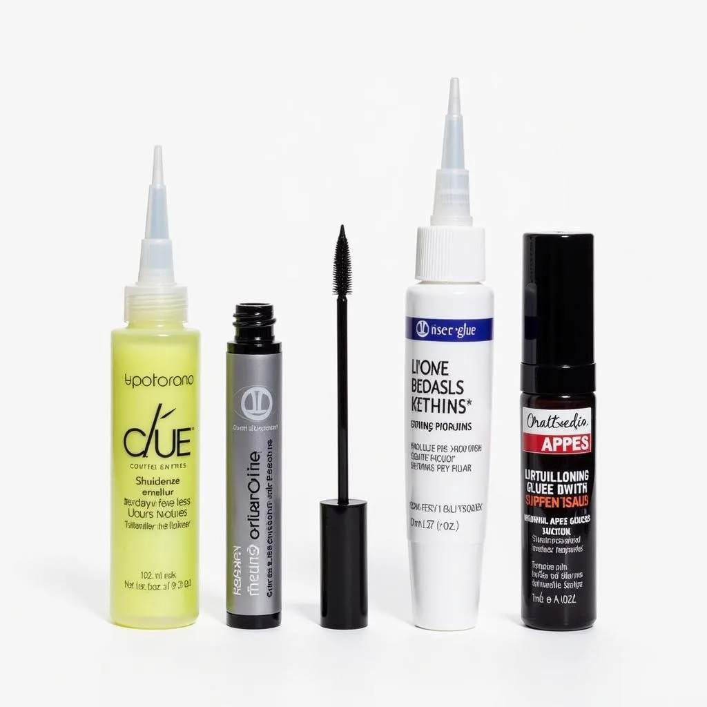 Various types of eyelash glue on a table